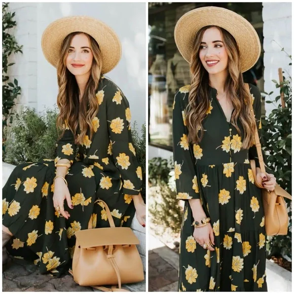 Madewell Dark Green Dress with Yellow Floral Print - Picture 3 of 13